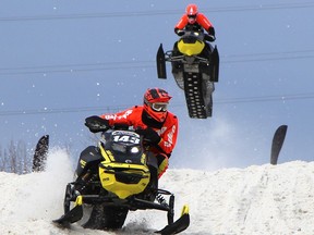 Riders take part in a snowcross race at Timmins in March 2020.