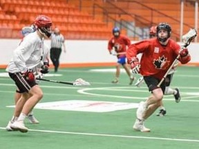 Wallaceburg's Tyler Davis eludes a Team White defender during a scrimmage at the Ontario regional combine on Jan. 11, 2020. Davis was chosen to play for the Canadian junior lacrosse team at the 2020 IIJL Commonwealth Cup in Melbourne from March 16 to 22. Submitted