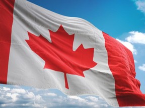 Canada flag waving cloudy sky background