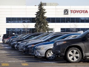 Parked cars line the parking lot at the Toyota plant in Cambridge. (Free Press file photo)