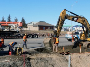 Construction takes place, April 2020, on the Seymour Street-North Bay Bypass intersection. Nugget File Photo