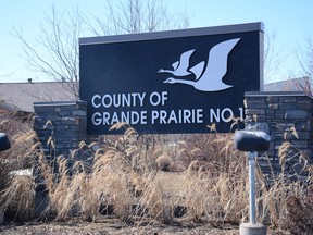 A sign outside the County of Grande Prairie administration office in Clairmont,. The County of Grande Prairie Council voted  to discontinue County Connector public transit pilot project.