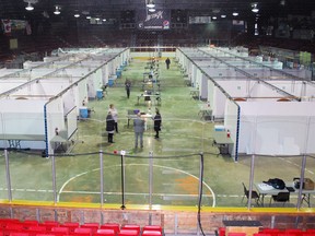 A view from the seats at the J.D. McArthur Arena of the field hospital that has been set up on the arena floor by Grey Bruce Health Services on April 16, 2020. DENIS LANGLOIS