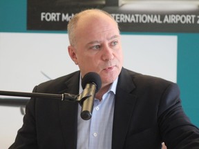 Kevin Weidlich, CEO of the Wood Buffalo Economic Development Corporation, speaks at a press conference at the Fort McMurray International Airport on March 6, 2019. Laura Beamish/Fort McMurray Today/Postmedia Network