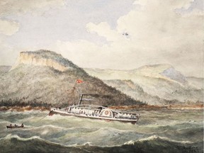 This picture of a painting was used for John Carterís book ìThe Perils and Pitfalls of the Steamer Ploughboyî The original painting by artist William Armstrong in Oct. 1912 is titled ìPloughboy, off Lonely Island, Georgian Bay, July 1, 1859î. The image is courtesy of Digital Archive: Toronto Public Library.