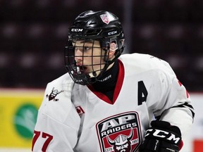 Forward Ryder McIntyre of the Ajax-Pickering Raiders was the Sarnia Sting's third-round pick in the 2020 OHL draft. (TIM CORNETT/OHL Images)
