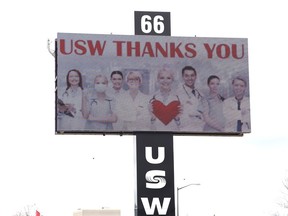 A digital billboard at the United Steelworkers Local 6500 union hall on Brady Street in Sudbury, Ont. thanks healthcare workers. John Lappa/Sudbury Star/Postmedia Network