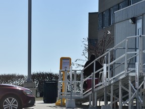 A person leaves the Woodstock Hospital's COVID-19 assessment centre recently. (Kathleen Saylors/Woodstock Sentinel-Review)