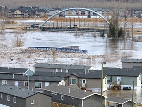 Flood waters from the Clearwater River cover the Ptarmigan Trailer Park in Waterways on Monday, April 27, 2020.