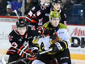 Christian Stevens of the North Bay Battalion competes with the Niagara IceDogs' Cameron Snow in Ontario Hockey League action early March at the Meridian Centre.
Sean Ryan photo