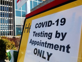A sign at Hastings Prince Edward Public Health headquarters notes the need to book appointments for non-urgent testing for COVID-19.
LUKE HENDRY