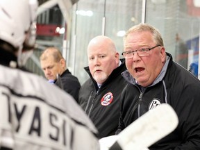 Dave Clancy speaks to his players during NOJHL action against the Timmins Rock in Timmins, Ontario on Saturday, September 28, 2019.