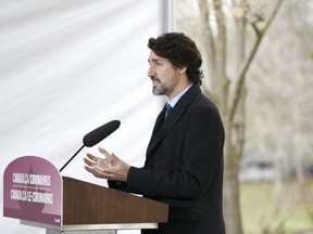 Prime Minister Justin Trudeau speaks during his daily news conference on the COVID-19 pandemic outside his residence at Rideau Cottage in Ottawa, on Monday, May 4.