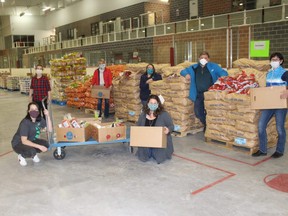 There are 1,500 grocery hampers being packed this week at the Benson Centre, and to be delivered to seniors in Cornwall and across the region.The Regional Emergency Response Council (RERC) is spearheading the project, and those pictured include RERC co-chairs Carilyne Hebert and Juliette Labossiere, RERC members and hamper distribution leads Debbie de Wit, Terry Muir and Dianne Kuipers, and volunteers Joanne Bornais, Natalie Lauzon and Tina Barr.Photo on Tuesday, May 12, 2020, in Cornwall, Ont. Todd Hambleton/Cornwall Standard-Freeholder/Postmedia Network