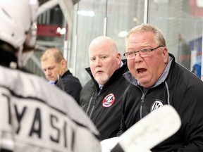 Dave Clancy speaks to his players during NOJHL action in September 2019.