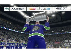 The Melfort Mustangs celebrate after winning the COVID-19 inspired SJHL Canalta Cup video-game simulation over the Yorkton Terriers The team is preparing for a COVID season this fall.