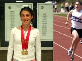 Rebecca Johnston with some of her high school medals, and in competition for Lo-Ellen Park Secondary School.