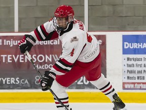 Andre Anania of the Stouffville Spirit prepares to pass the puck during OJHL action against the Pickering Panthers at Pickering Recreation Complex in Pickering, Ontario on Friday, September 13, 2019.