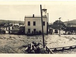 The 1935 Pats Creek floods  two of them  each sought their path of least resistance to the mighty Peace River. It was  over its banks  down Main Street  into and out of the fire hall and powerhouse (middle of photograph) and other buildings, including a right turn at the Peace Hotel (middle right)  eventually on its destructive way west past Riverfront Park into the Peace River.