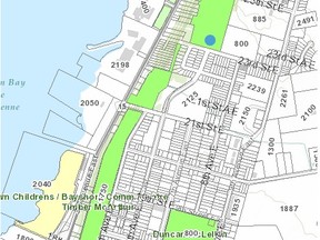 The blue dot on this map made available by city hall shows the part of Timber McArthur/Stoney Orchard Park that Barry's Construction is interested in buying from Owen Sound. SUPPLIED