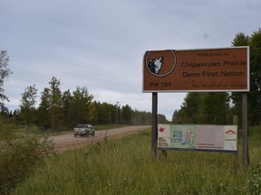 A welcome sign marking the entrance to Chipewyan Prairie Dene First Nation, located next to Janvier, Alta. on Monday, Sept. 11, 2017. Cullen Bird/Fort McMurray Today/Postmedia Network.
