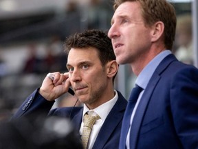 Brantford's Joel Beal (left) is a former junior b hockey player with the Brant County Golden Eagles who is now an assistant coach with the Providence College men's hockey team in the U.S. Next to him Providence head coach Nate Leaman.