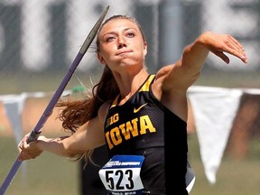 Marissa Mueller of Petrolia, Ont., competes for the Iowa Hawkeyes at the NCAA West Preliminary Round track and field meet in Sacramento, Calif., on May 24, 2018. (Darren Miller/hawkeyesports.com)