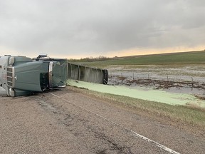 On May 12  at 6 p.m. a half ton truck collided head on with a semi tractor trailer on Highway 36 north of Hanna.  Hanna RCMP, Fire and EMS all attended the scene. Alcohol is believed to have been a factor in the collision. Hanna RCMP photo