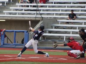 Sean Dunn takes a swing for the Fort McMurray Giants as they play against Team Alberta during the 2018 Baseball Canada 18U Championships at Shell Place in Fort McMurray, Alta., on Thursday, August 16, 2018. LAURA BEAMISH/FORT MCMURRAY TODAY/POSTMEDIA NETWORK