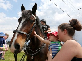 One-year-old Grayson Jones pets Murney, with mother Kirsten Chard looking on and Kingston Police Const. Sarah Groenewegen on board. The mounted unit was at Lake Ontario Park in Kingston for Victoria Day festivities on May 19, 2019.