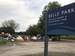 The large camp in the parking lot of Belle Park in Kingston on Wednesday, May 27. (Steph Crosier/The Whig-Standard)