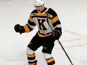 Kingston Frontenacs forward Shane Wright celebrates an overtime goal against the Niagara IceDogs in an Ontario Hockey League game on Oct. 11, 2019.