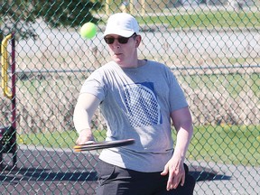 Elaine Kreke plays on the tennis courts at James Jerome Sports Complex in Sudbury, Ont. on Friday May 22, 2020.  The City of Greater Sudbury said in a release that a number of the city's outdoor recreational amenities are reopening over the coming days.