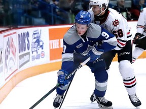Landon McCallum of the Sudbury Wolves battles for the puck with Adrien Beraldo of the Niagara Ice Dogs during Sunday Night OHL action from the Sudbury Community Arena.