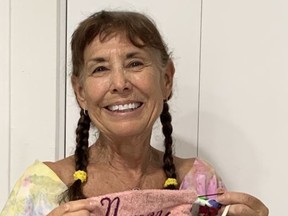 Bonnie's delightful sister Nancy, now well from COVID-19, shows off her winning masks. And the hairdo that got her through the virus. Supplied photo