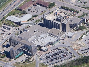 An aerial view of Health Sciences North. The hospital is again performing non-urgent surgeries.