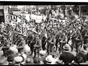 Seen here are veterans of the Second World War taking part in the VE Day parade on May 9, 1945. Photo supplied by the Timmins Museum