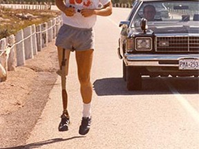 Terry Fox has become a Canadian icon for his dedication to raise funds for cancer research. His walk across Canada ended before he finished and he later succumbed to the disease he was walking for. Each year there has been a walk to continue this vision. Terry Fox Foundation Photo.TP.jpg