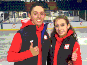 Josh Andari, left, of Chatham, Ont., and Olivia Oliver of Barrie, Ont., went to four figure skating competitions in Europe in their first season together in 2019-20. (Contributed Photo)