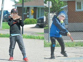 BACK IN ACTION: Sam, 9, waits for the right moment to make his swing while playing baseball (“tennisball?”) with his brother, Matti, 7, after the pitch, which took some contemplation (photo to the left). The game took place at Elliot Field on Rossmore Road, newly opened after the province lifted restrictions on playing fields last week. ALLANA PLAUNT/SAULT THIS WEEK
