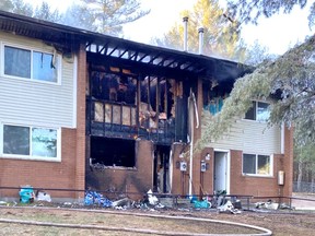 A May 13 fire displaced 11 people, including five adults and six children, from a Nipissing District Housing Corp. complex on Mattawan Street. One person sustained life-altering injuries in the fire.   
File Photo