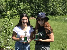 Olivia Yachuk and Brooke Brohart receive their 2019/2020 EHS Merit trophies.
Photo supplied