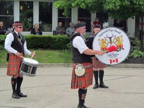 The Ingersoll Pipe Band performed at Cambro Court Manor in Embro Sunday where many residents have Scottish heritage and enjoyed the 20-minute performance.

From left: Drummer Scott Munro of Innerkip, Embro's Doug Turvey with the bass drum and piper Liam McCreery from Huntingford.

Laura Green/Special to the Sentinel-Review
