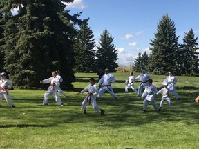 The Sherwood Park Karate-Do Club working out at Cottonwood Park. Photo Supplied