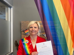Fort Saskatchewan mayor Gale Katchur proclaimed June 12-19 as Fort Saskatchewan Pride Week in support of the LGBTQ2S+ community. Photo Supplied by Gale Katchur.