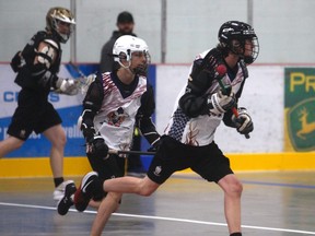 Josh Jasper-Needham and Joshua Rowland hustle down the rink at a  Grande Prairie Thrashers Midget ‘B’ practice at the Crosslink Country Sportsplex last July. The Grande Prairie Lacrosse Association is in the process of completing a proposal, hoping to obtain a Jr. B lacrosse franchise in the Rocky Mountain Lacrosse League for the 2021 season.