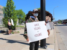 Josh Walters takes part in a rally June 1 at Sarnia City Hall in support of Black LIves Matter. An other demonstration is planned for Saturday, 3 p.m., at City Hall.