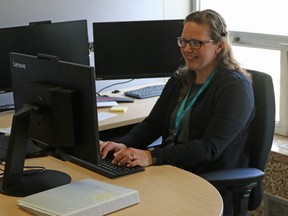 Kristyn Yeck, a public health nurse with Southwestern public health, is part of the call centre serving their region of about 210,000 residents. The call centre often serves as the main point of contact with residents who have questions on COVID-19. (Greg Colgan/Sentinel-Review)
