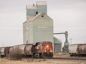 A single CN locomotive works Sunday afternoon shuttling grain cars back and forth in the Sexsmith area on Sunday, May 3, 2020. While the engine was working in the town limits near the old elevator, some of the cars being moved were a mile out of town near the Viterra grain terminal along Highway 2 just north of Emerson Trail.
