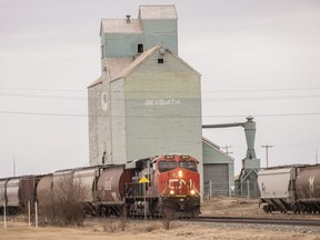 A single CN locomotive works Sunday afternoon shuttling grain cars back and forth in the Sexsmith area on Sunday, May 3, 2020. While the engine was working in the town limits near the old elevator, some of the cars being moved were  a mile out of town near the Viterra grain terminal along Highway 2 just north of Emerson Trail.